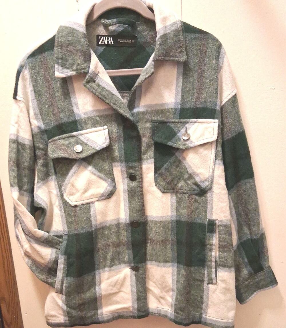 ZARA Green Plaid Shacket Button Front Shirt Jacket Flannel Womens Medium teal